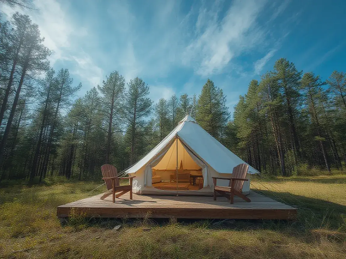 A white canvas glamping tent on a wooden deck with two chairs, among tall pines