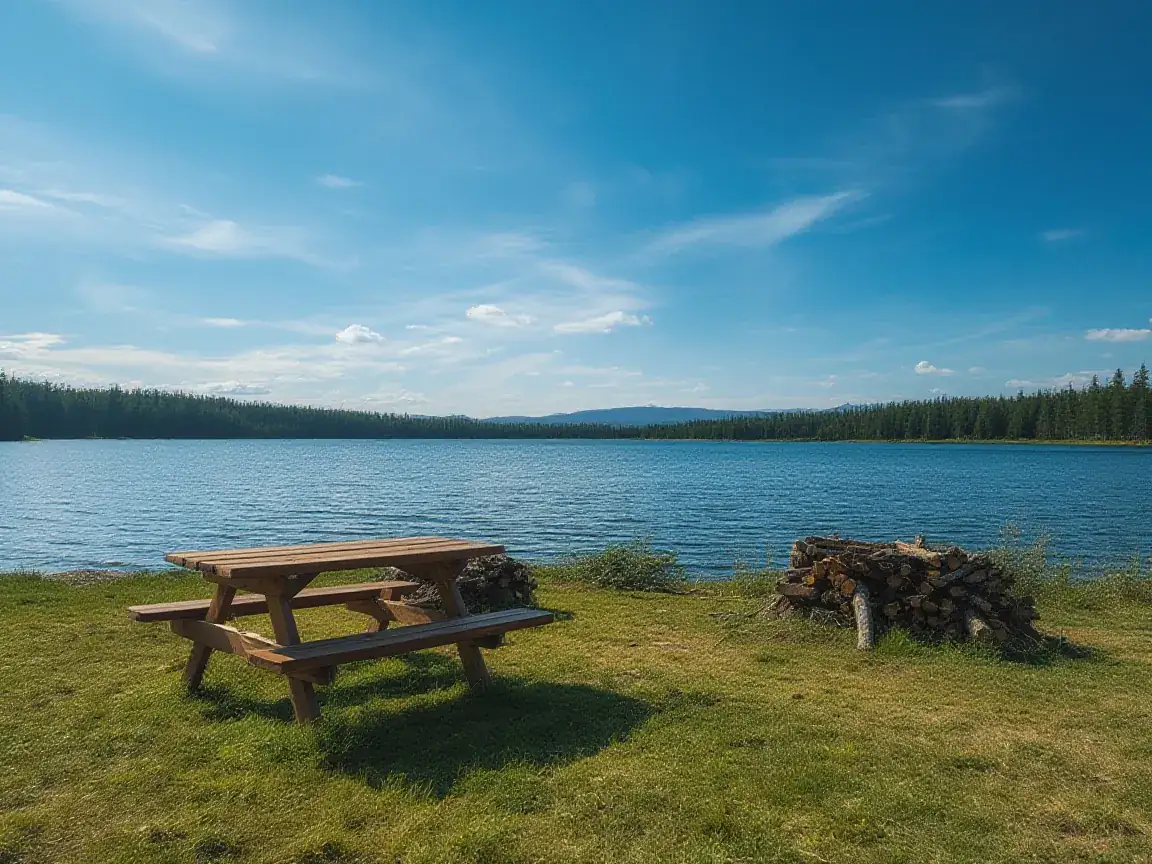 A picnic table and a stack of firewood on a grassy shore beside a blue lake