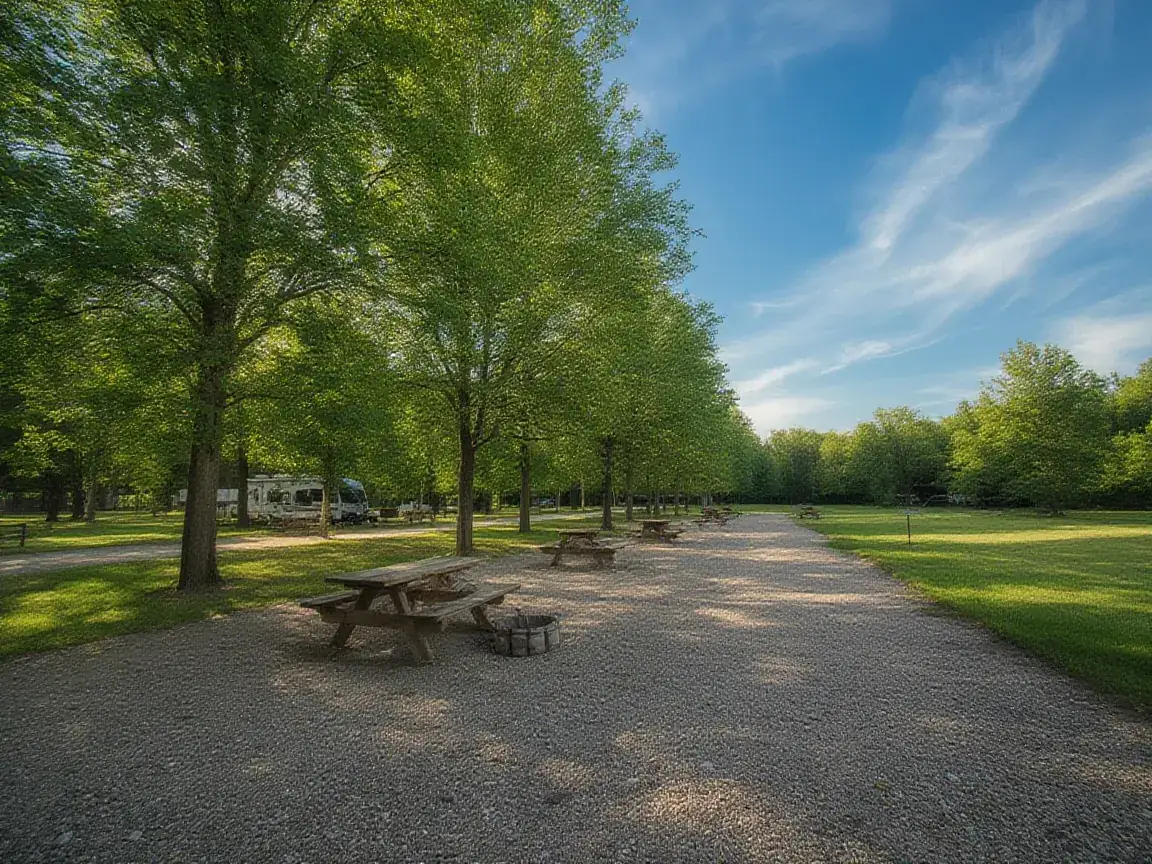 Picnic tables along a gravel campsite loop under leafy green trees