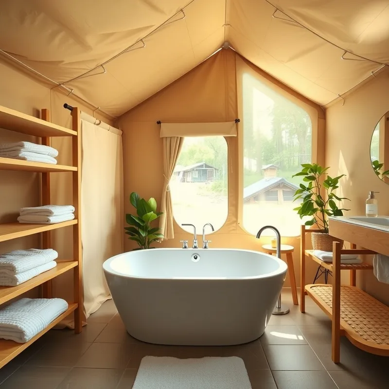 A bright, spacious, clean glamping bathroom with natural light and tidy fixtures