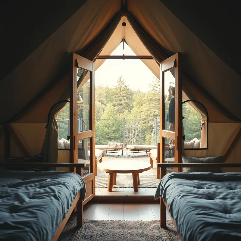 A photo taken from just inside a glamping tent's open doorway, showing both the interior and the forest view outside
