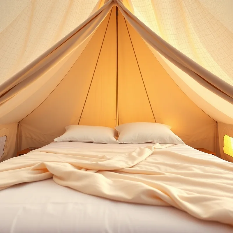 A glamping tent bed made up neatly with soft daylight coming through the tent flap