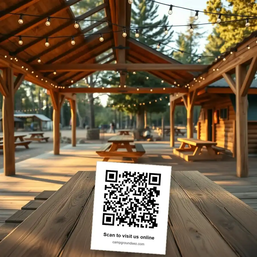 A QR code card standing on a picnic table in a covered campground pavilion